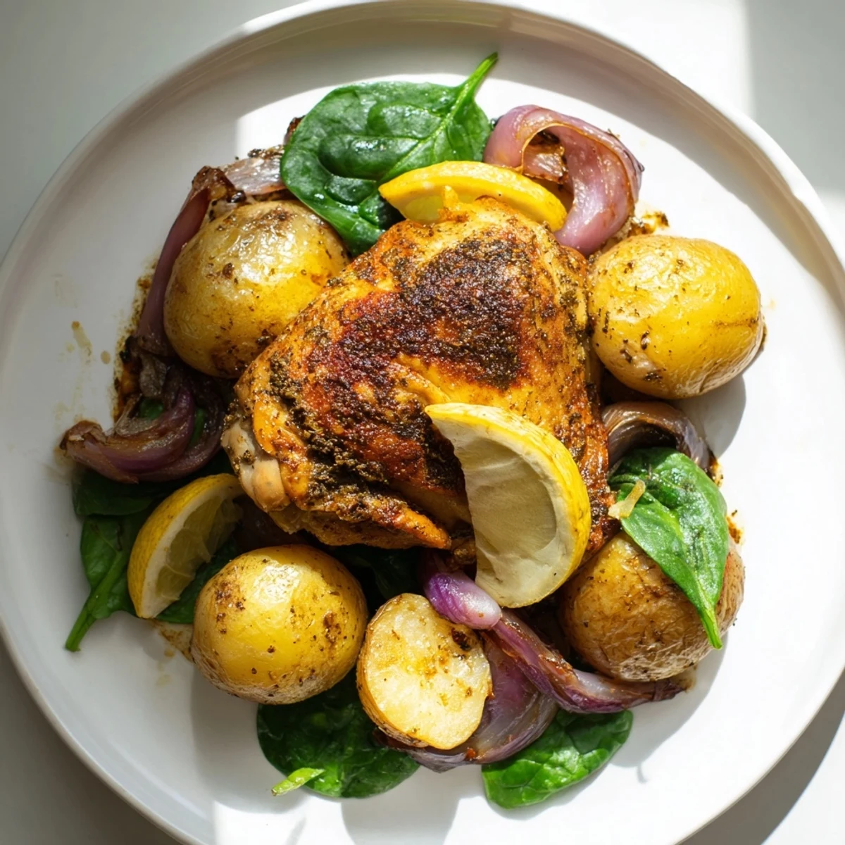 Golden, crispy Pan-Roasted Chicken with Zaatar, potatoes, and tender greens, ready to serve and enjoy.