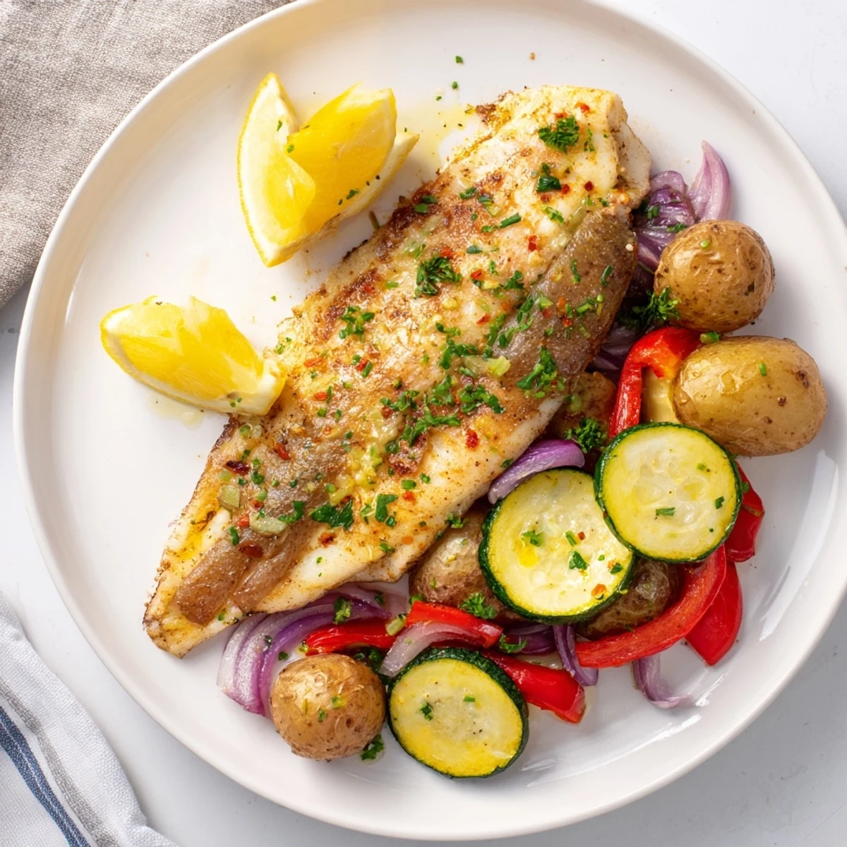 Golden, flaky Lemon Butter Tilapia ready on a sheet pan, with roasted vegetables and fresh parsley.