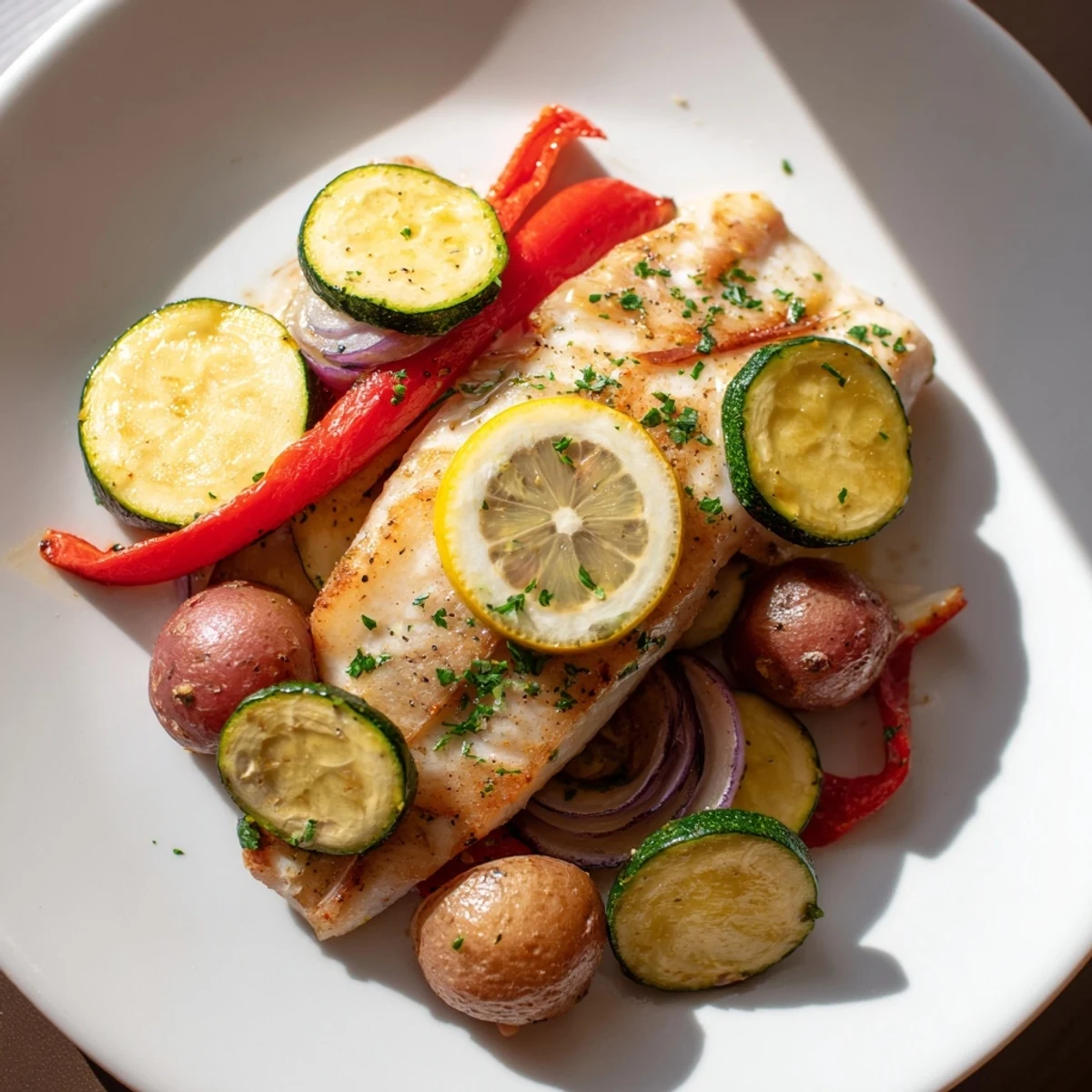Sheet pan of vibrant Lemon Butter Tilapia with perfectly cooked vegetables, drizzled with zesty lemon sauce.