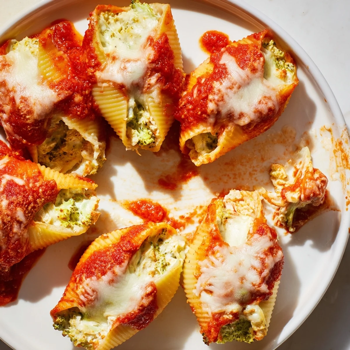 Cheesy Broccoli Stuffed Manicotti baked with bubbly marinara, a delicious Italian-American vegetarian dinner.