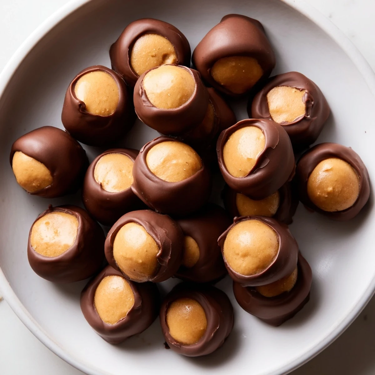 Enjoy a close-up of perfectly formed Peanut Butter Balls, ideal for your next holiday treat.