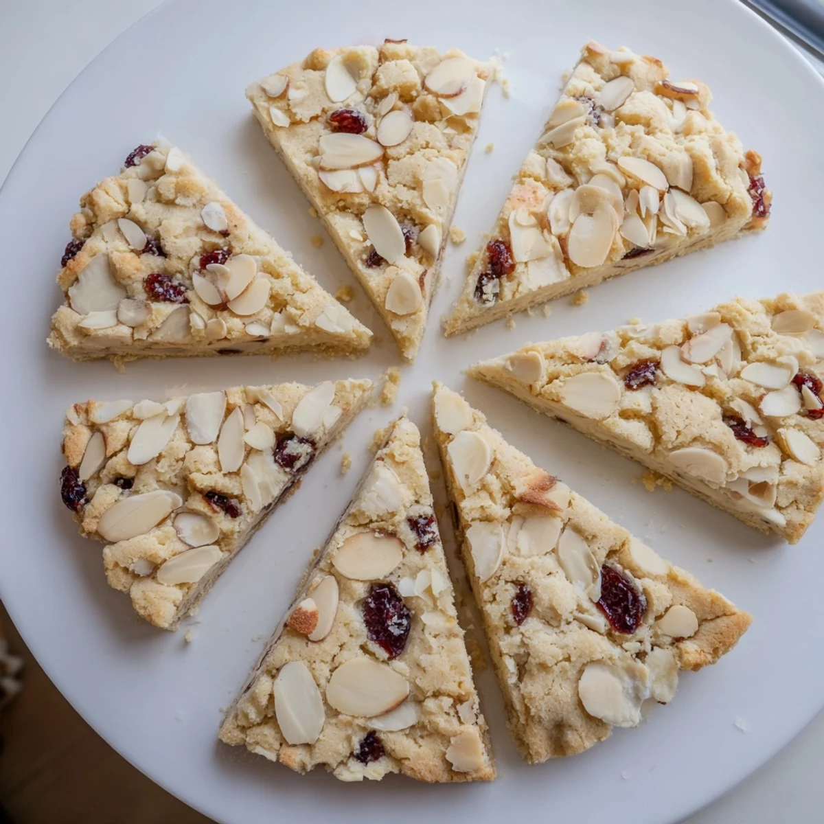 Golden, flaky Cherry Almond Shortbread Wedges, perfectly cut, ready to enjoy with a warm beverage.