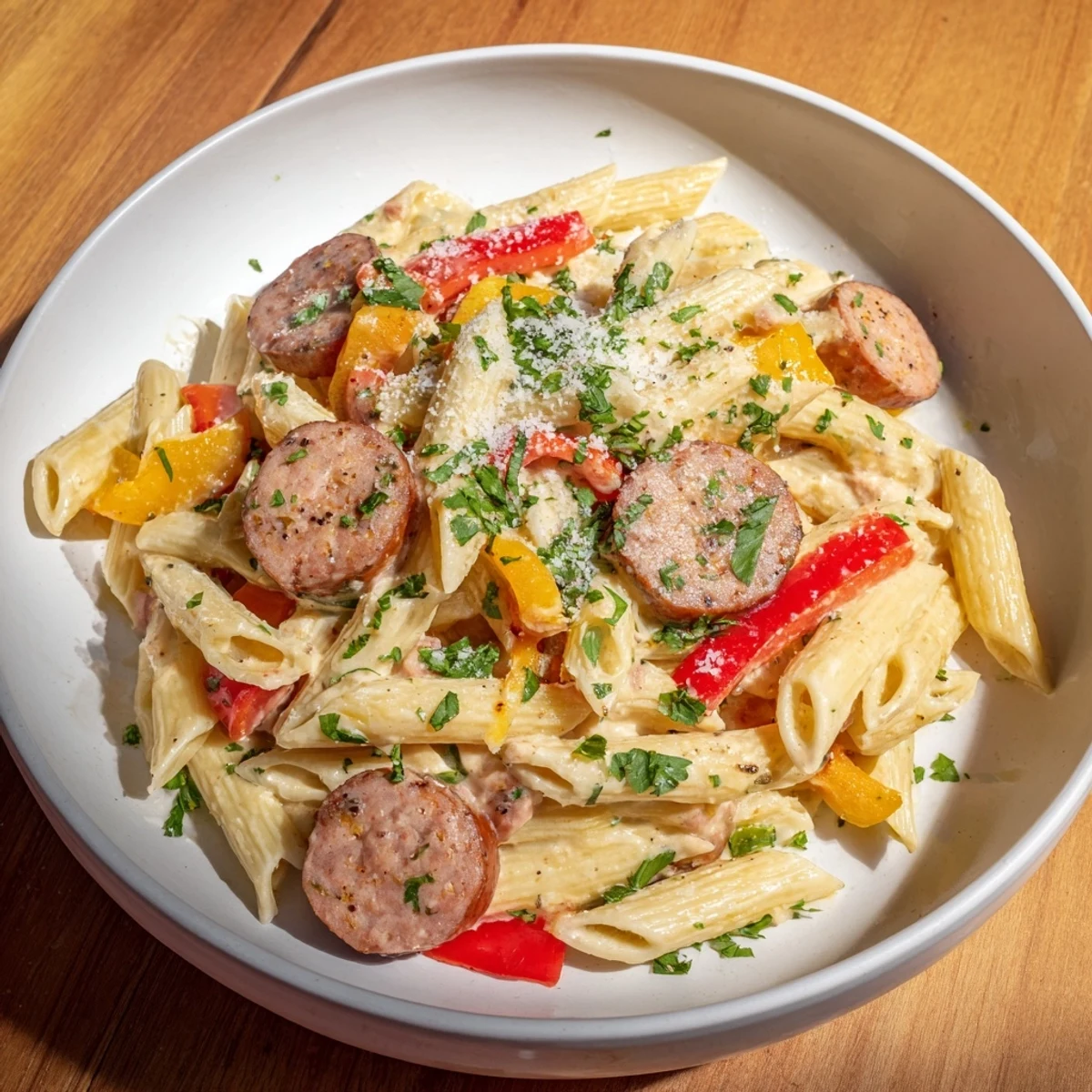 Smoked Sausage Cajun Alfredo with penne, a creamy pasta dish with smoky sausage and vibrant red pepper slices.