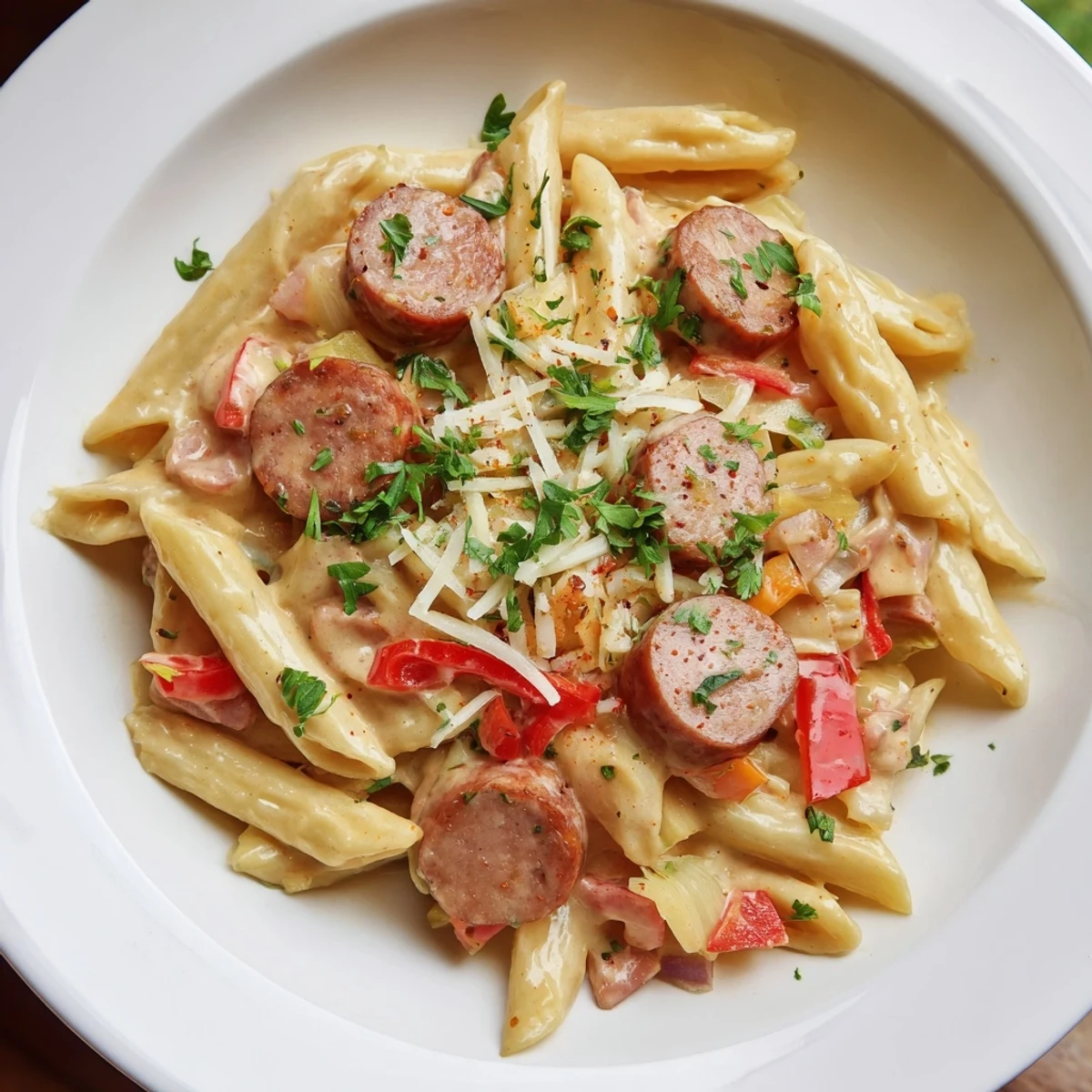 Golden penne pasta coated in rich Alfredo sauce with savory smoked sausage, a Cajun Alfredo symphony.