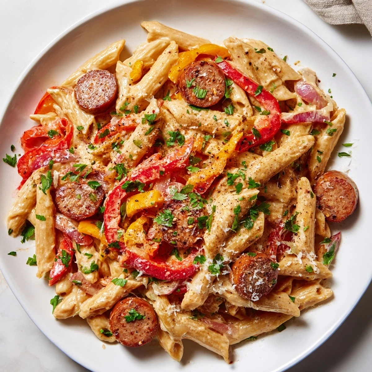 A close-up of a delightful Smoked Sausage Cajun Alfredo; look at that creamy sauce and parsley garnish!