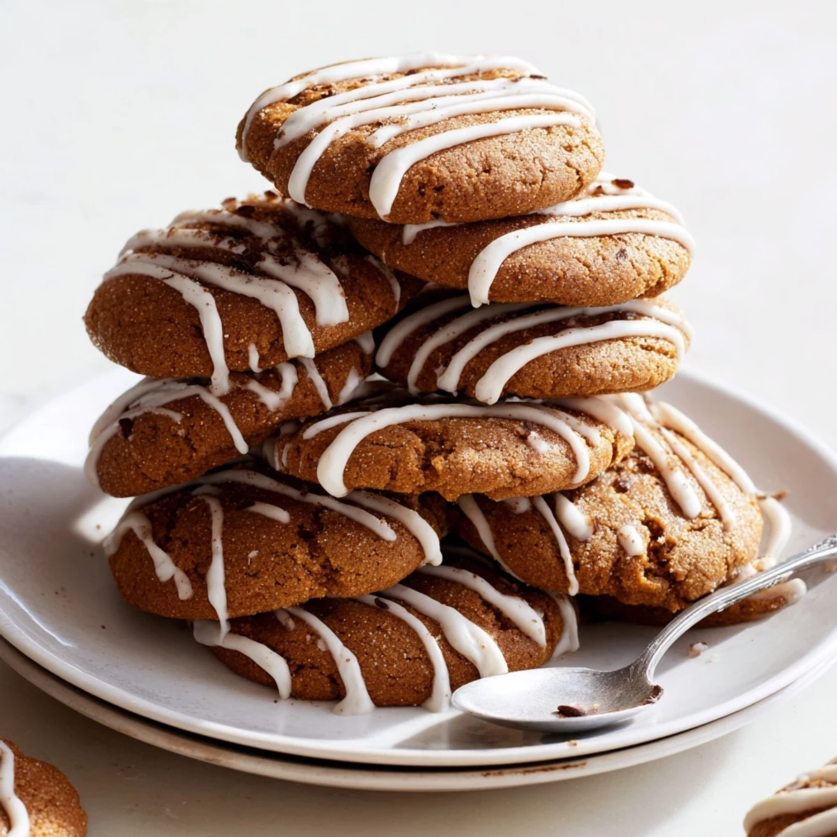 Warm, spiced Gingerbread Latte Cookies with a delicate white chocolate drizzle, ready to enjoy.