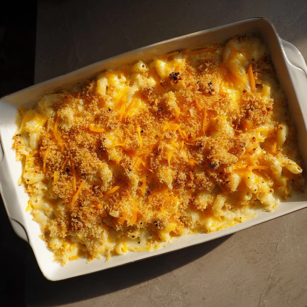 A close-up of creamy, homemade Old-Fashioned Baked Mac & Cheese, bubbling hot from the oven.
