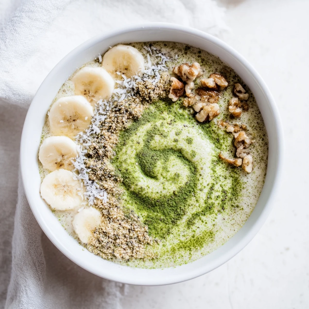 A vibrant bowl of High-Protein Eggnog Matcha Overnight Oats with a dusting of cinnamon, ready to eat.