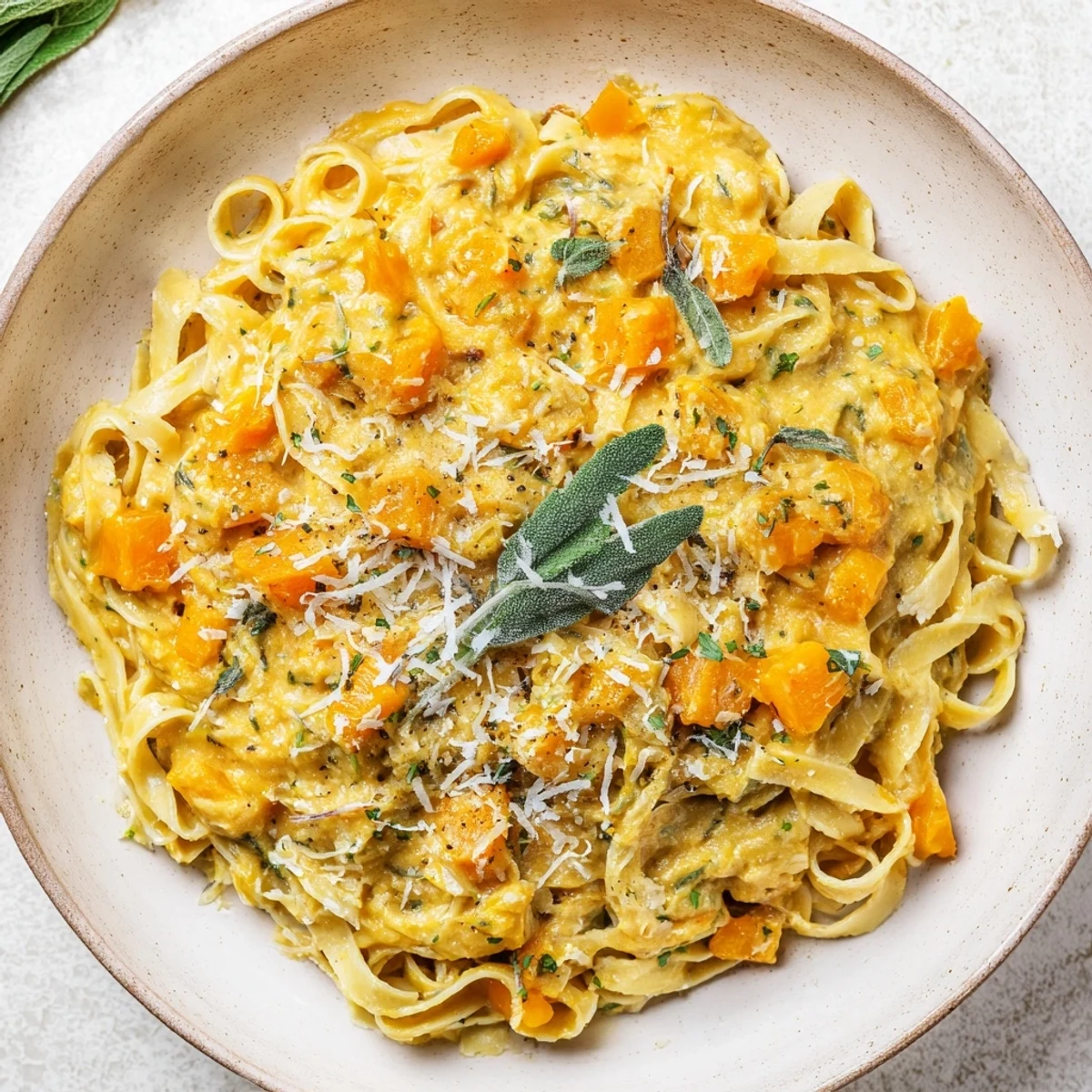 Vibrant photo of Healthy Creamy Pumpkin Sage Holiday Pasta, topped with fresh sage and Parmesan cheese.