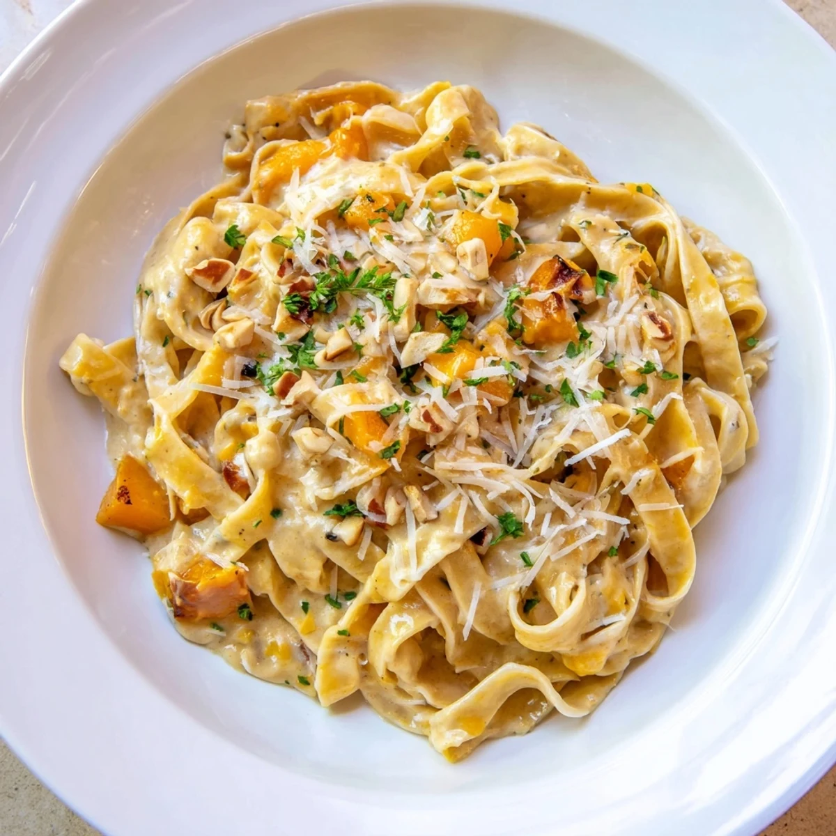 Golden-hued Healthy Creamy Pumpkin Sage Holiday Pasta with creamy sauce, a beautiful and comforting dish.