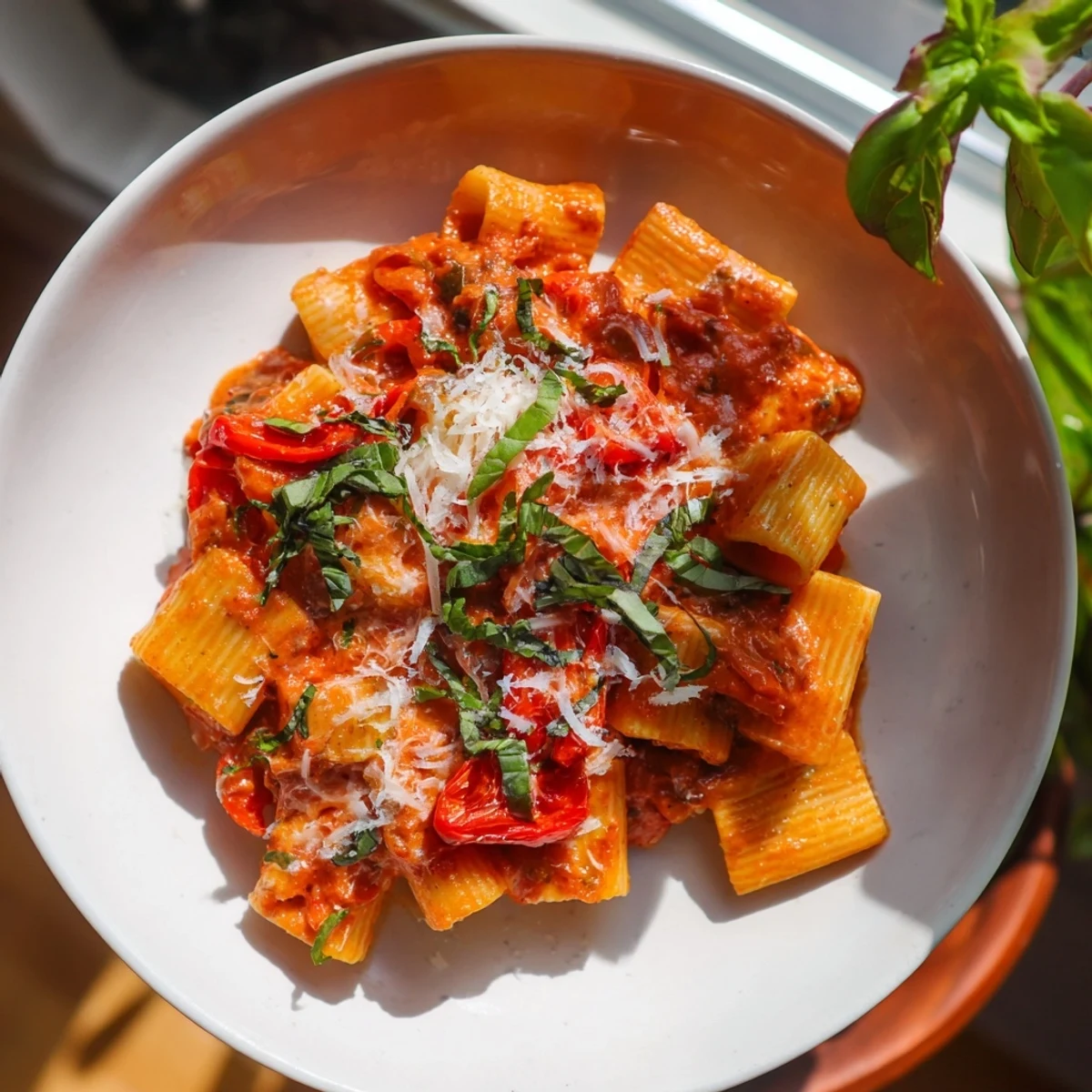 Festive Lightened-Up Vodka Rosé Christmas Pasta, bright red peppers and spinach in a creamy sauce.