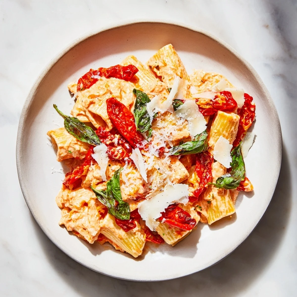 Delicious Lightened-Up Vodka Rosé Christmas Pasta with Parmesan, ready to serve for a holiday meal.
