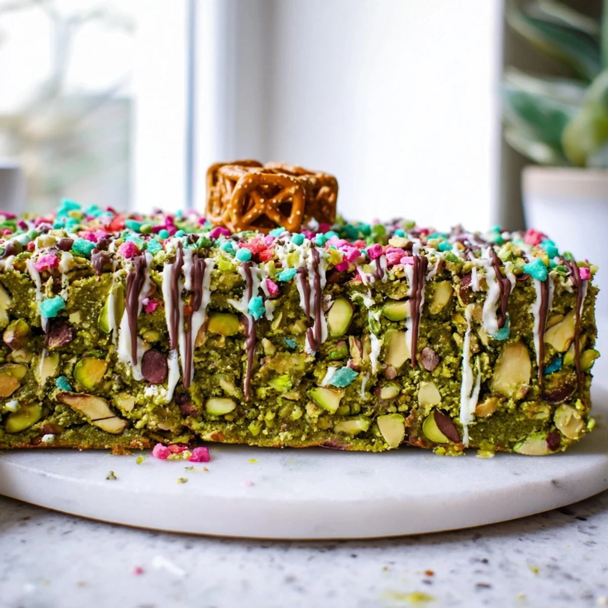 Matcha Pistachio Christmas Tree Blondie Bars, cut into festive tree shapes, drizzled with white chocolate and sprinkles.