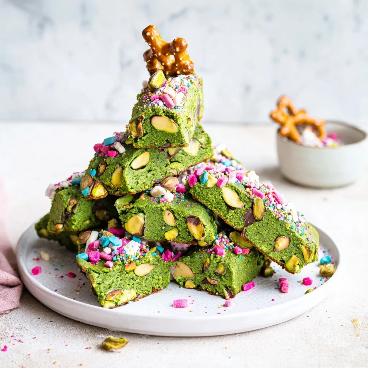 Soft and chewy Matcha Pistachio Christmas Tree Blondie Bars, offering a delightful mix of textures and holiday flavors.