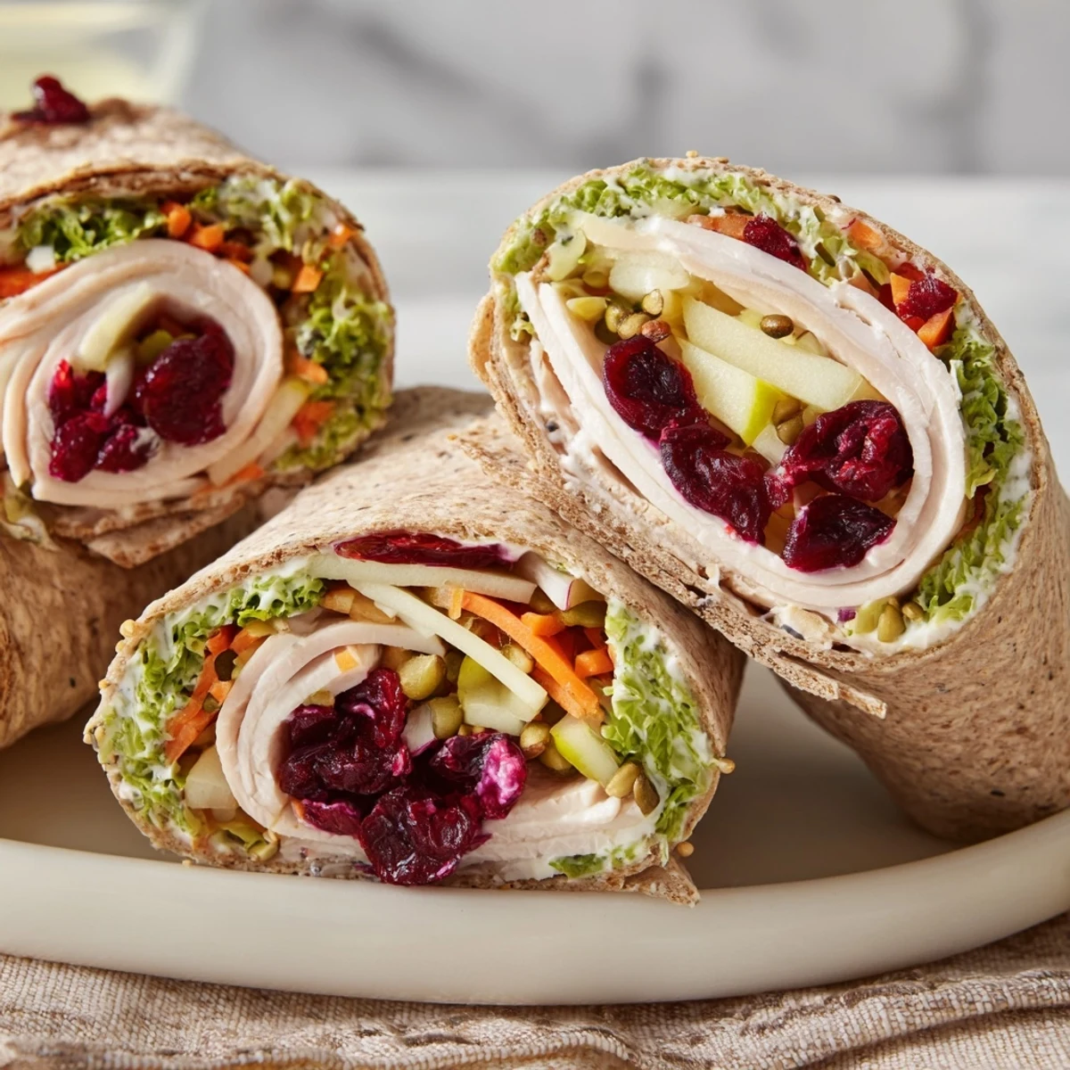 Vibrant cranberry apple slaw topping a turkey wrap, drizzled with creamy Greek yogurt dressing.
