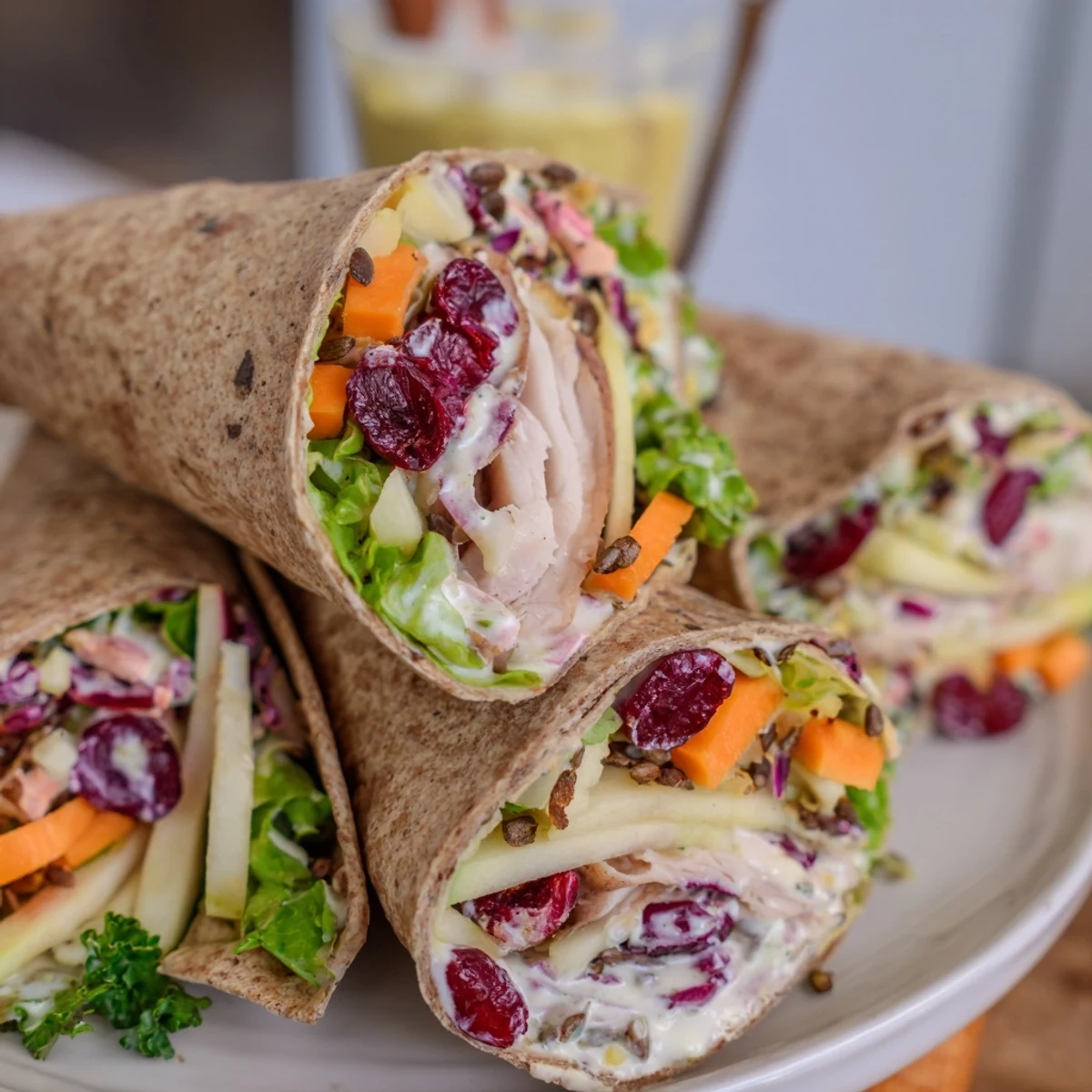 Delicious, fully-loaded Cranberry Apple Slaw Turkey Wrap, perfect for a picnic or quick lunch.