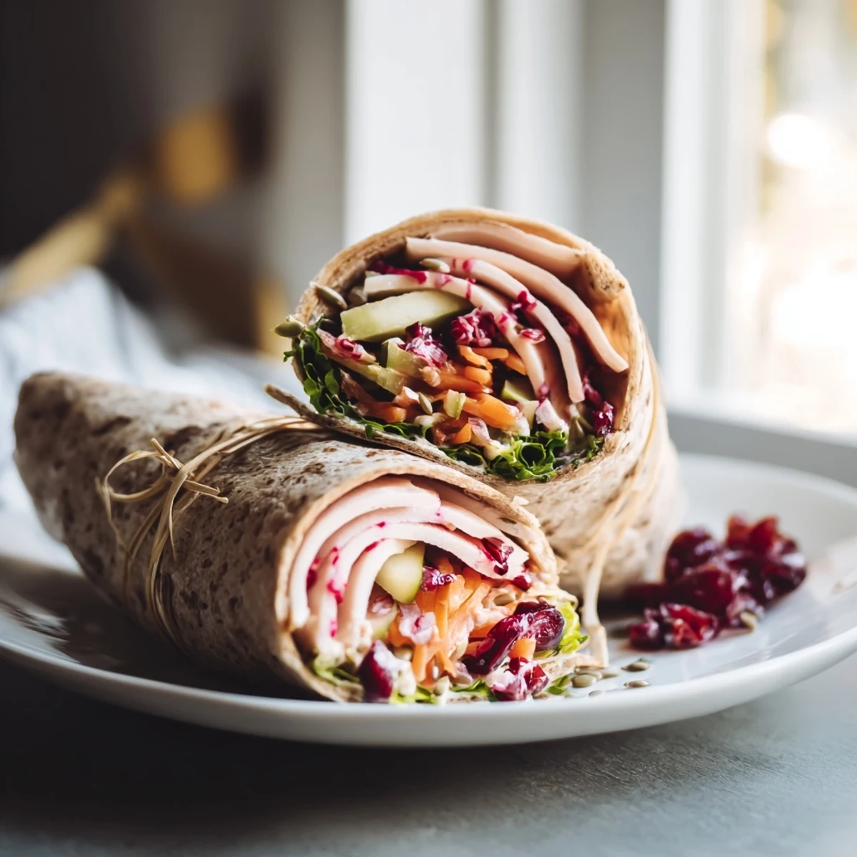 Bright, colorful close-up of a refreshing Cranberry Apple Slaw Turkey Wrap with healthy ingredients.