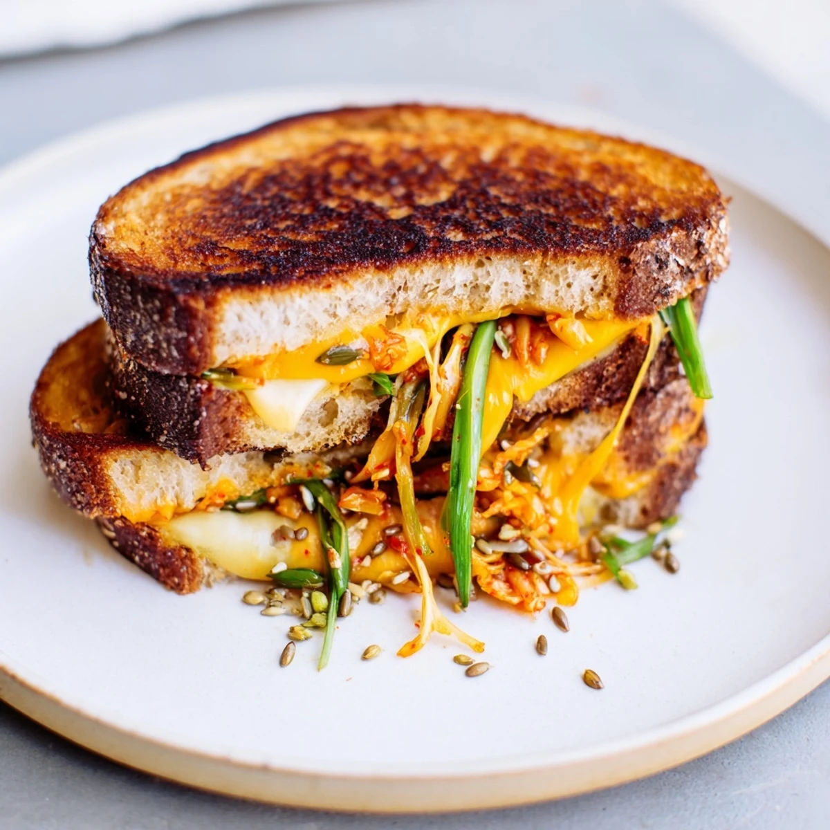 Golden, bubbly Skillet Kimchi & Cheddar Fusion Grilled Cheese, oozing melted cheese with kimchi.
