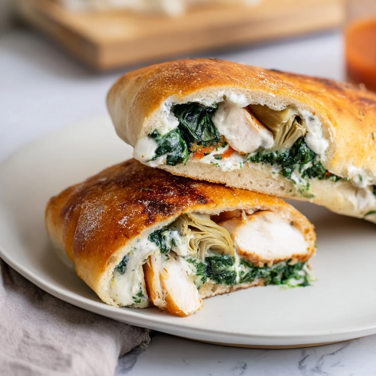 Enjoy the gooey deliciousness of an Air Fryer Spinach & Artichoke Dip grilled cheese sandwich with a crispy, golden crust.