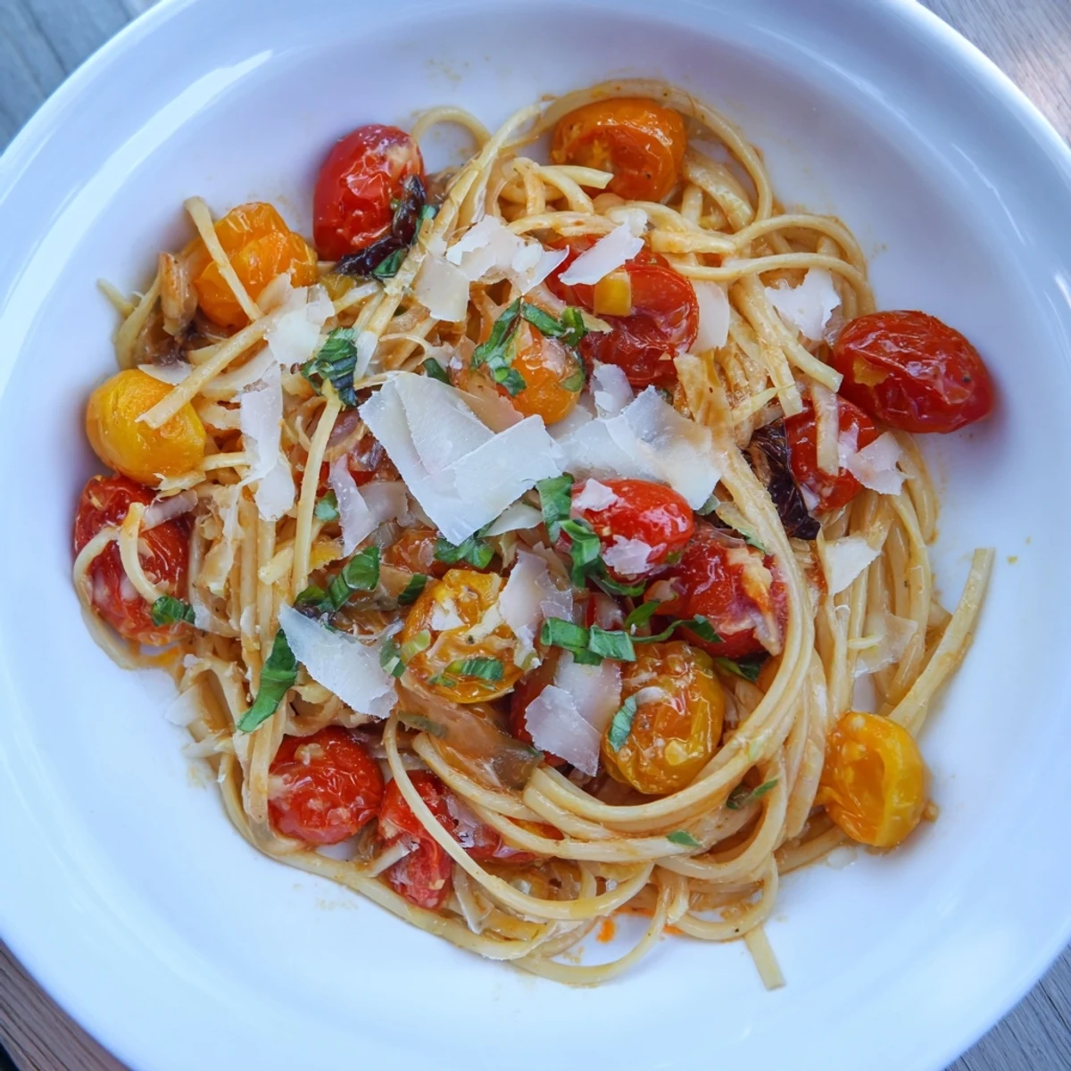 Warm, steaming Cozy Fireplace One-Pan Tomato Basil Pasta with a garnish of fresh basil for serving.