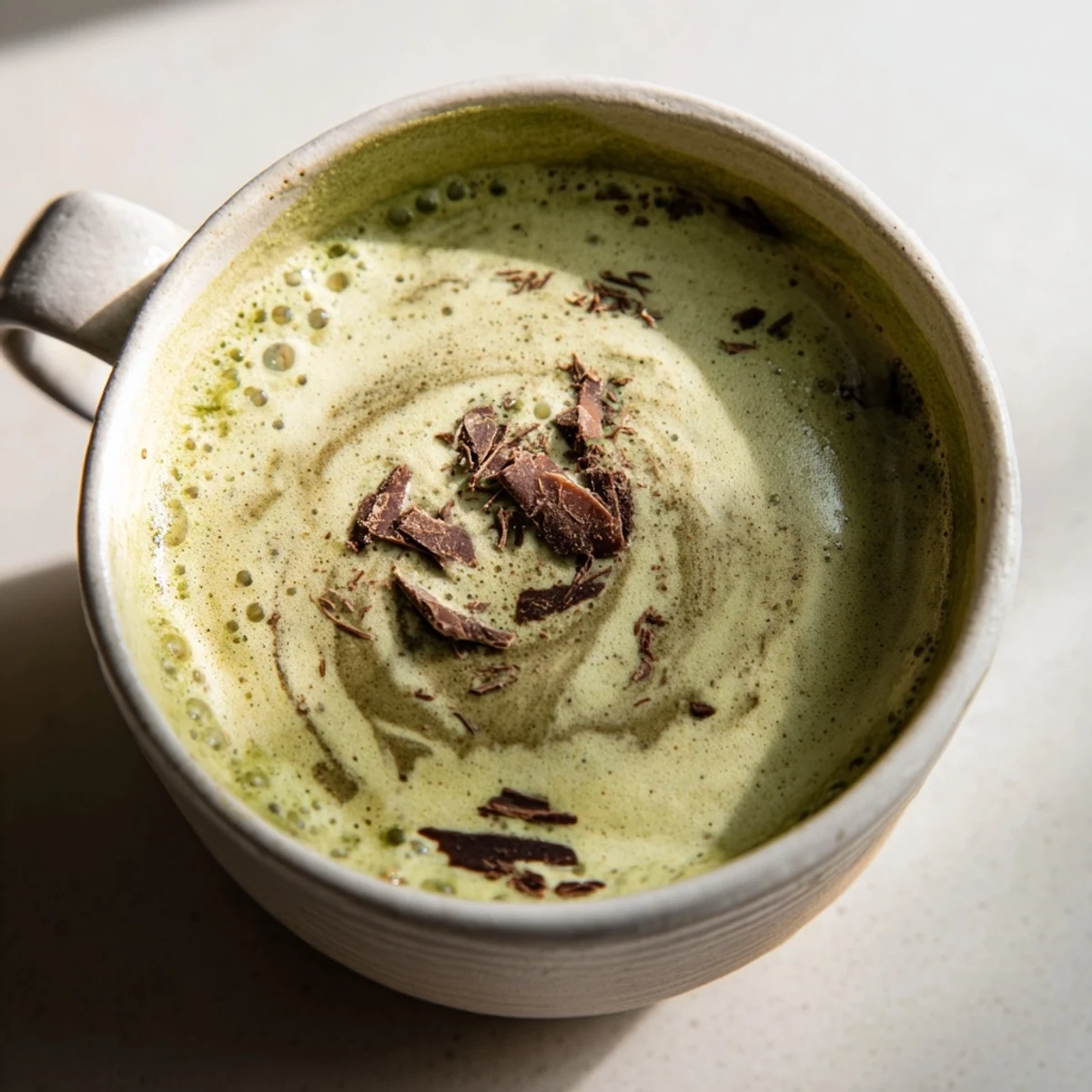 A frothy Collagen Peppermint Mocha Matcha Latte, a vibrant green and cocoa brown drink offering delicious flavors.