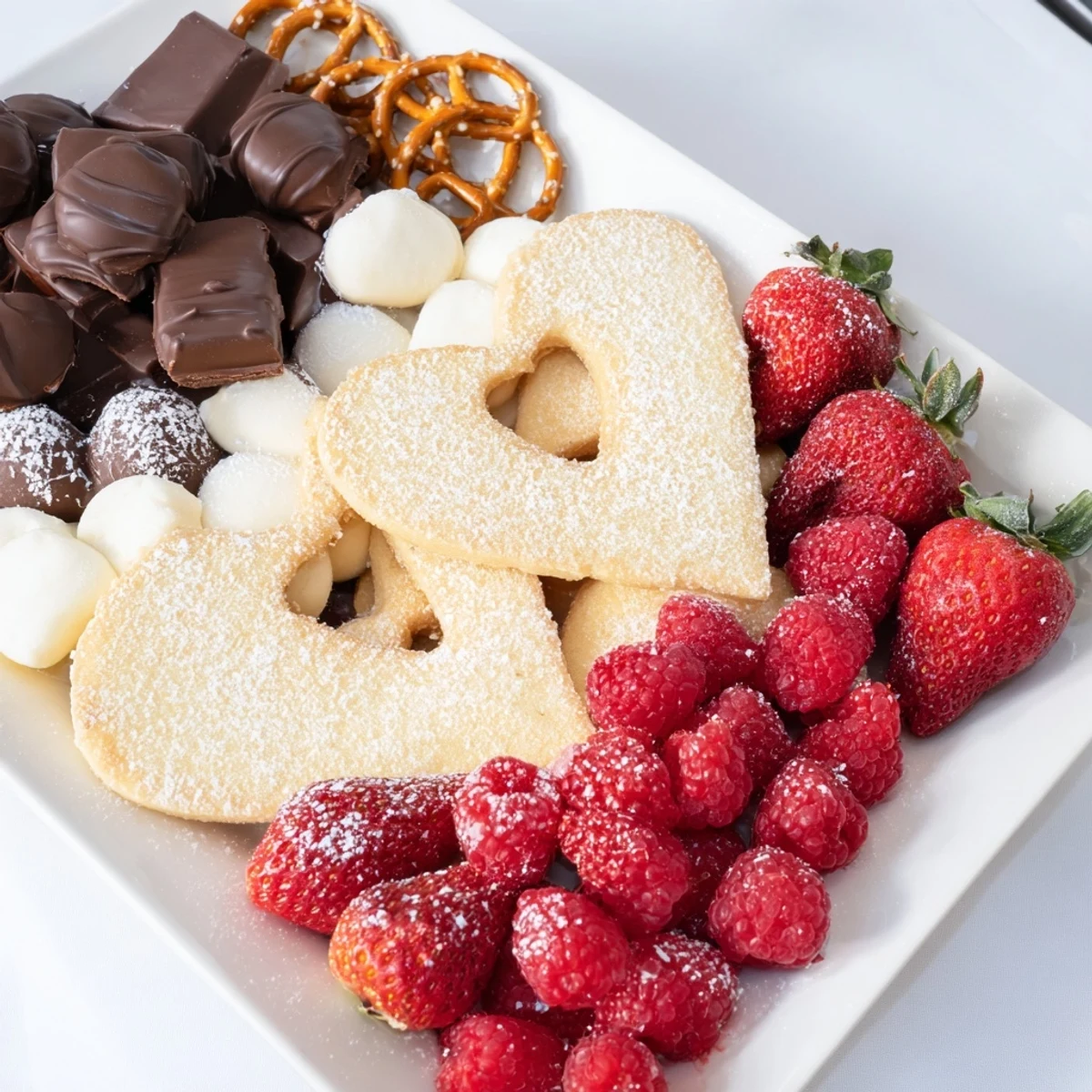 A beautiful Love Letter Dessert Board with fresh berries, cookies, and decadent chocolates.