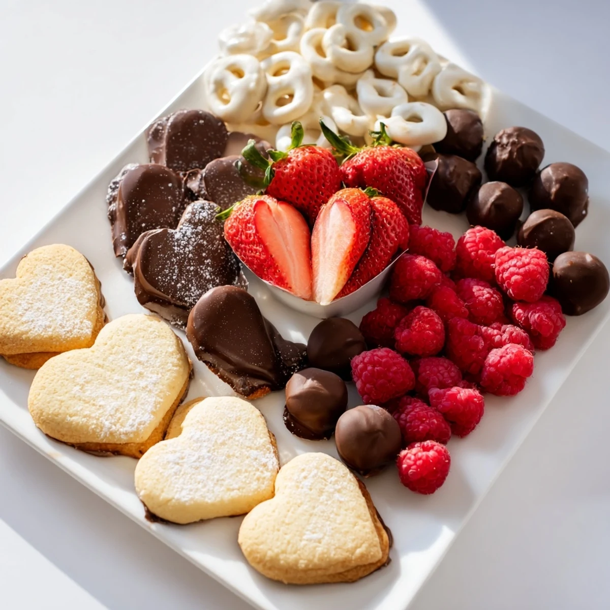 This Love Letter Dessert Board features an assortment of colorful fruits and sweet treats arranged artistically.