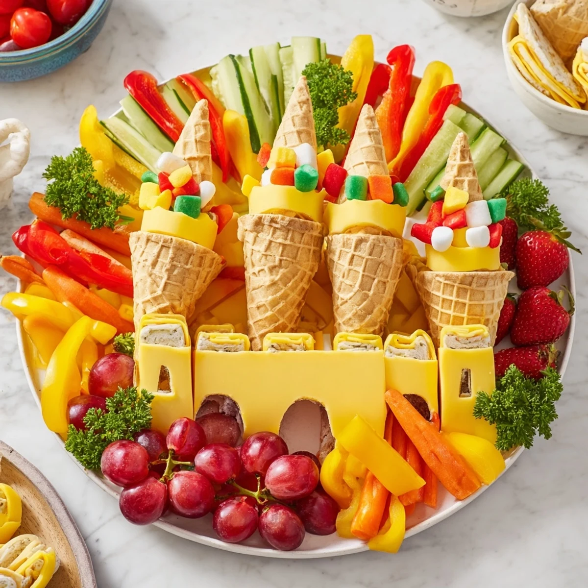 Fairy Tale Castle Platter with colorful fruits and veggies arranged for a party.