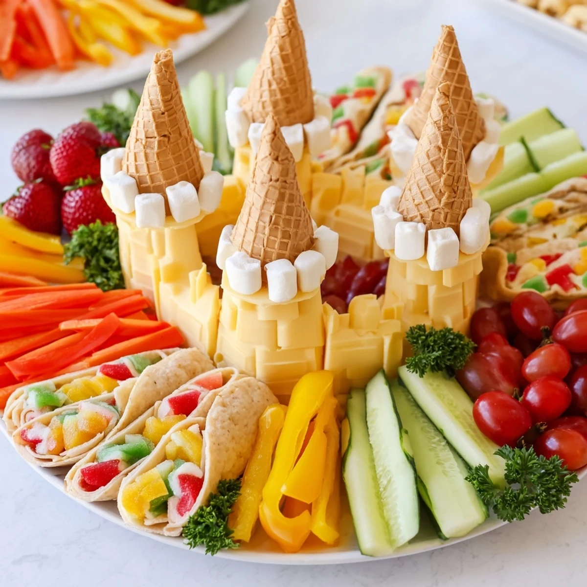A delicious Fairy Tale Castle Platter made with sandwiches and fun, sweet treats.