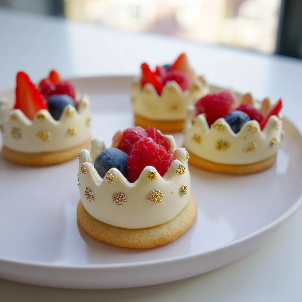 Golden crown-shaped sugar cookies and berry jewels adorn this Princess Crown Dessert Tray.