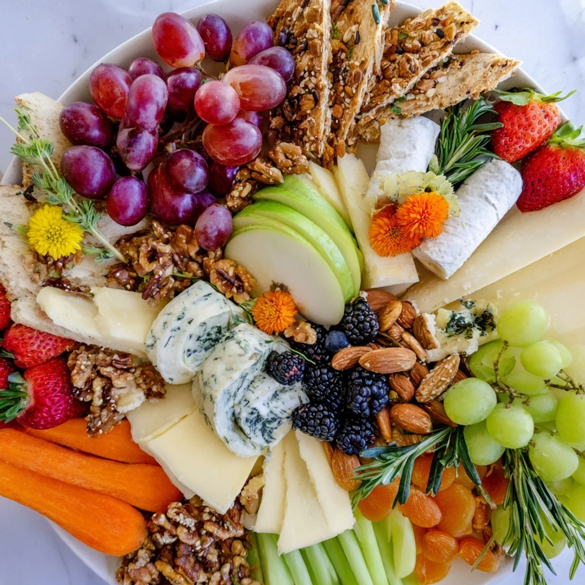 Elegant Enchanted Forest Grazing Board overflowing with vibrant fruits, cheeses, and irresistible accompaniments for sharing.