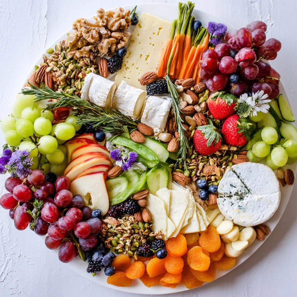 A beautiful Enchanted Forest Grazing Board featuring colorful fruits and cheeses, perfect for a magical gathering.