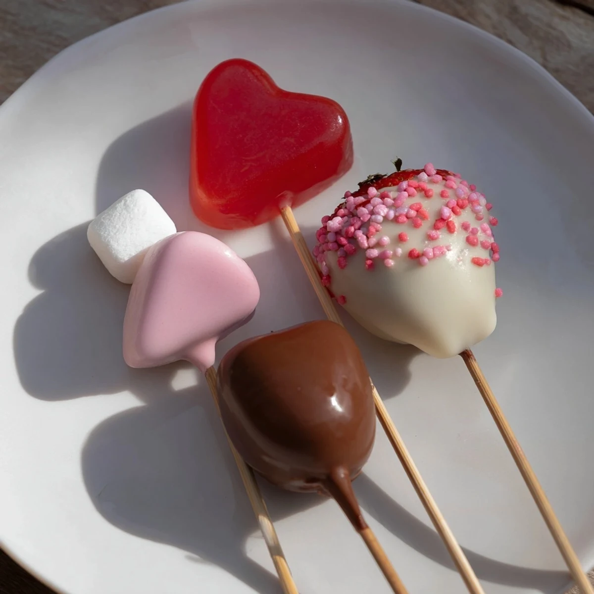 Cupid's Arrow Candy Tray: a colorful array of heart candies and chocolate-covered strawberries, perfect for Valentine's.