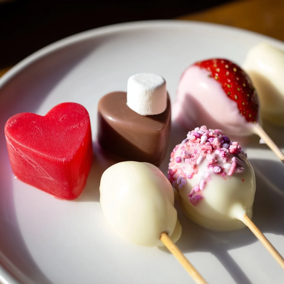 Vibrant Cupid's Arrow Candy Tray boasts delicious chocolate-dipped strawberries, gummy hearts, and tempting truffles.