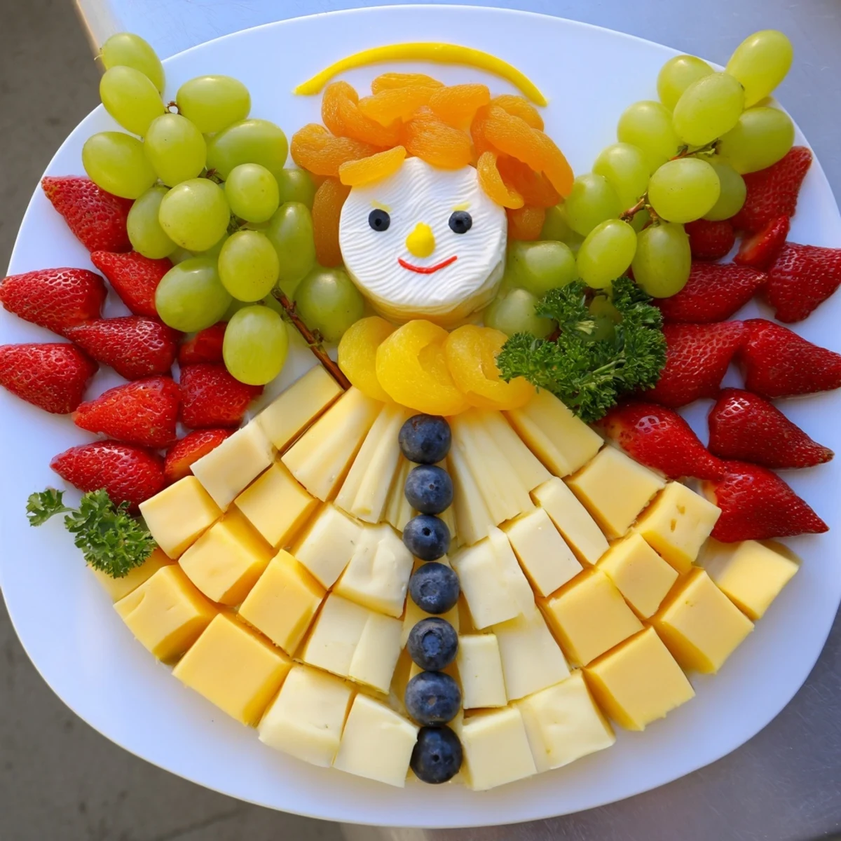 Delicious Cherub Angel Snack Tray features colorful fresh fruits, cheeses, and adorable details.