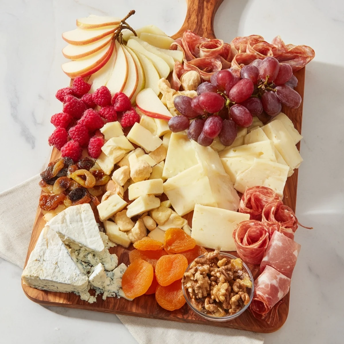 Elegant Lace & Pearls board boasts delicious cheeses, meats, and fruits, perfect for a gathering.