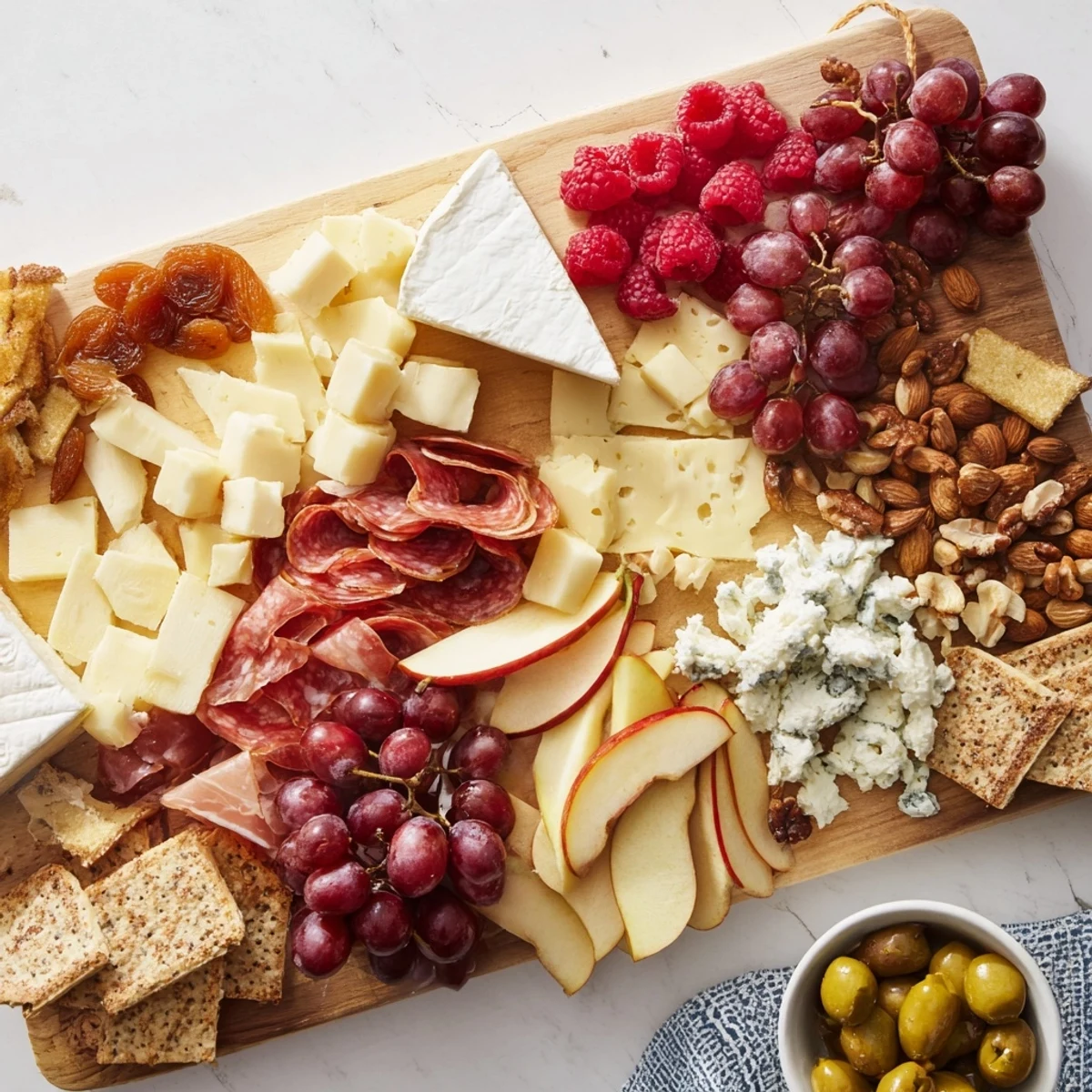 A close-up of a Lace & Pearls appetizer board loaded high with gourmet snacks for entertaining.
