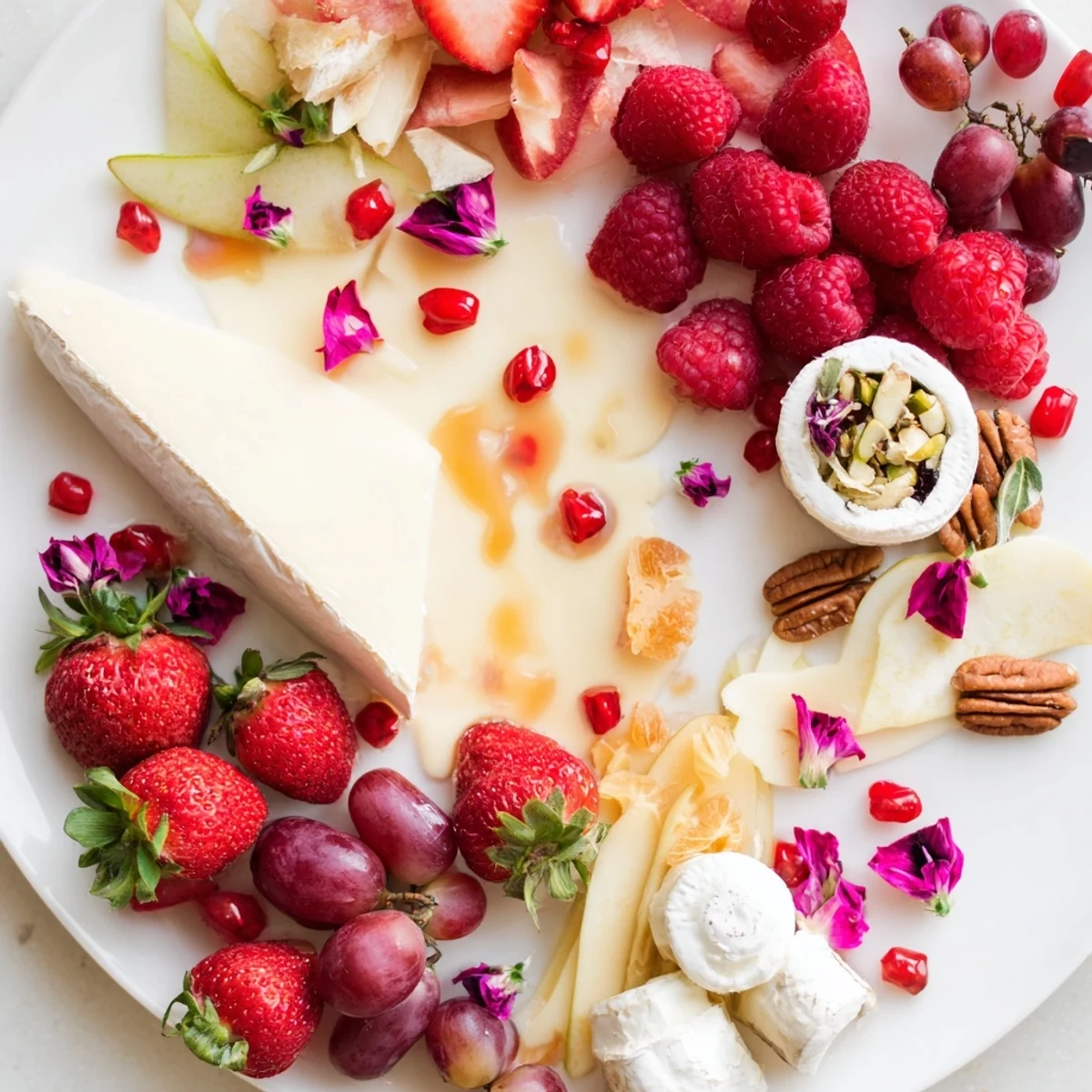 A vibrant Rose Garden Romantic Platter features artfully arranged fruits and cheeses with edible rose petals.