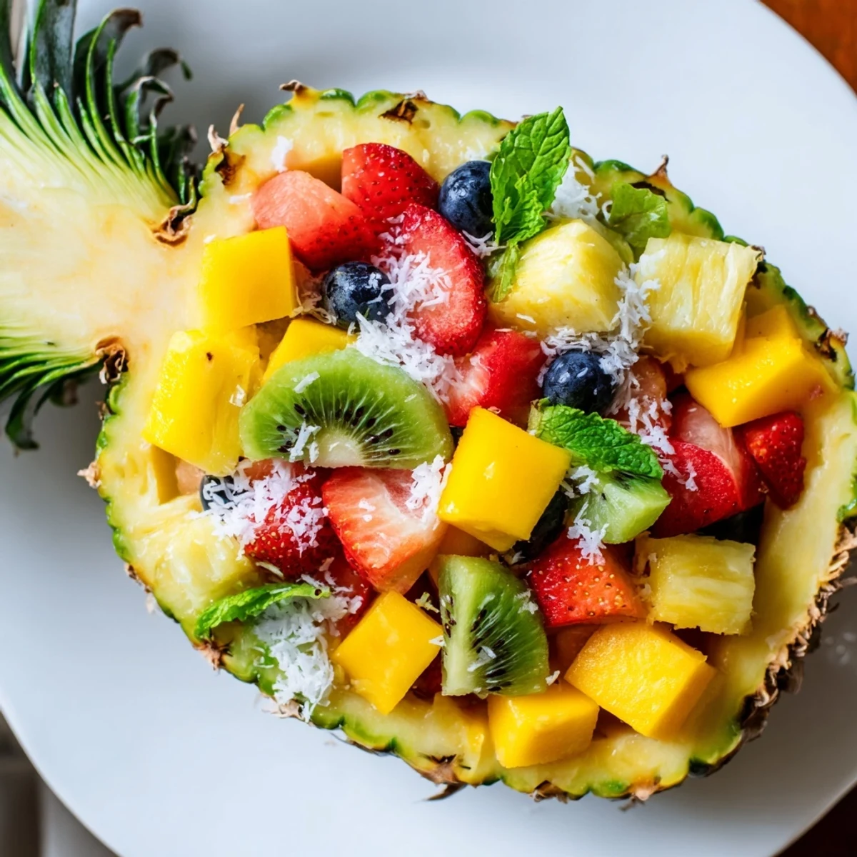 Vibrant Tropical Bliss Pineapple Fruit Boat overflowing with colorful fruit, perfect for a summer dessert.