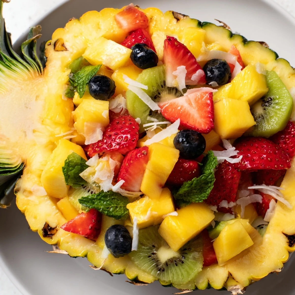 A refreshing close-up of Tropical Bliss Pineapple Fruit Boat, showcasing juicy, mixed tropical fruits and coconut.