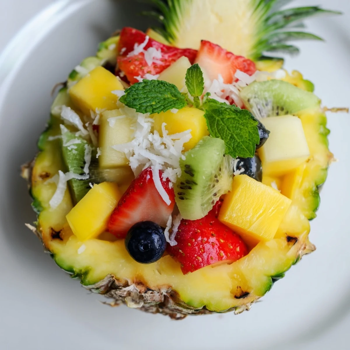The finished Tropical Bliss Pineapple Fruit Boat, a vegan treat bursting with fresh pineapple and berries.