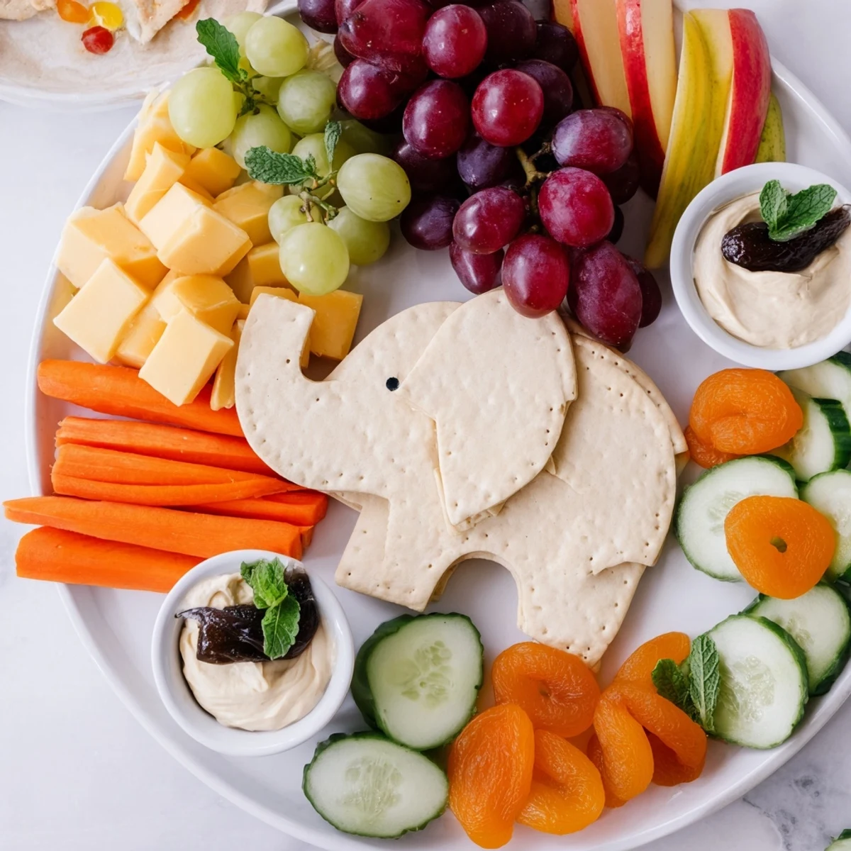 A vibrant Gentle Giant Elephant Cracker Board: an appealing party appetizer loaded with cheeses and fruits.