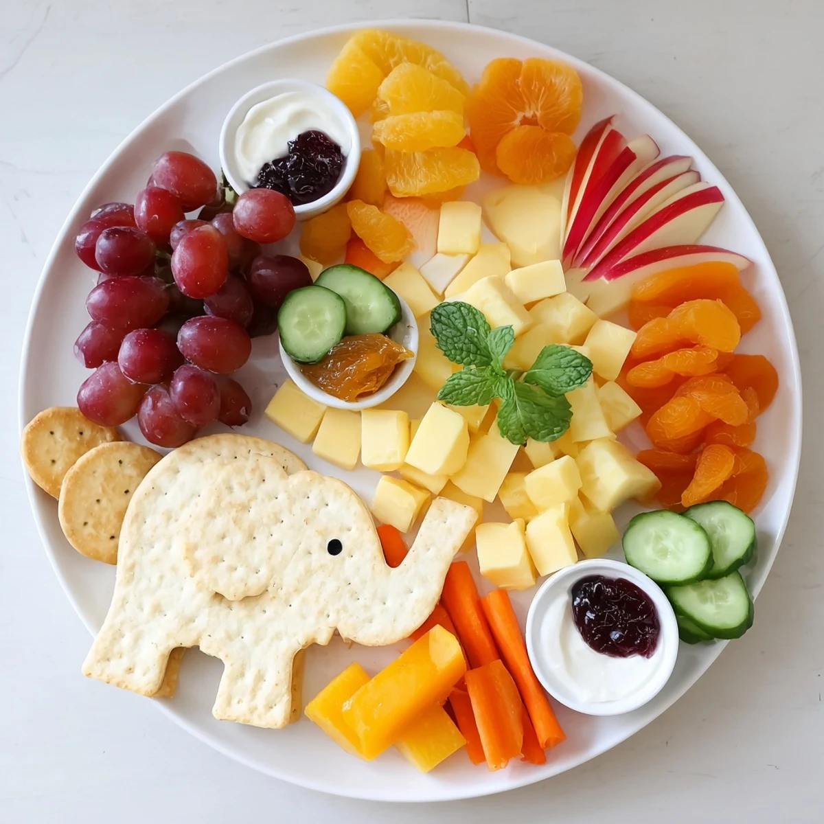 This colorful Gentle Giant Elephant Cracker Board is a delicious snack, offering a variety of textures and flavors.
