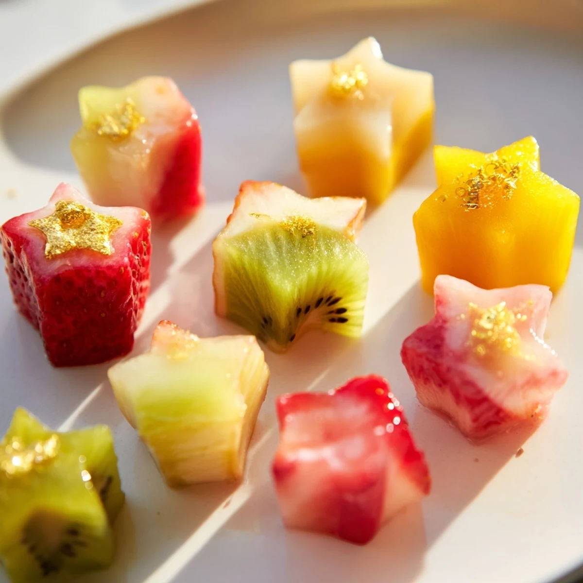 Midnight Kiss garnishes: Star and heart-shaped fruit floating on a chilled champagne cocktail for a festive drink.