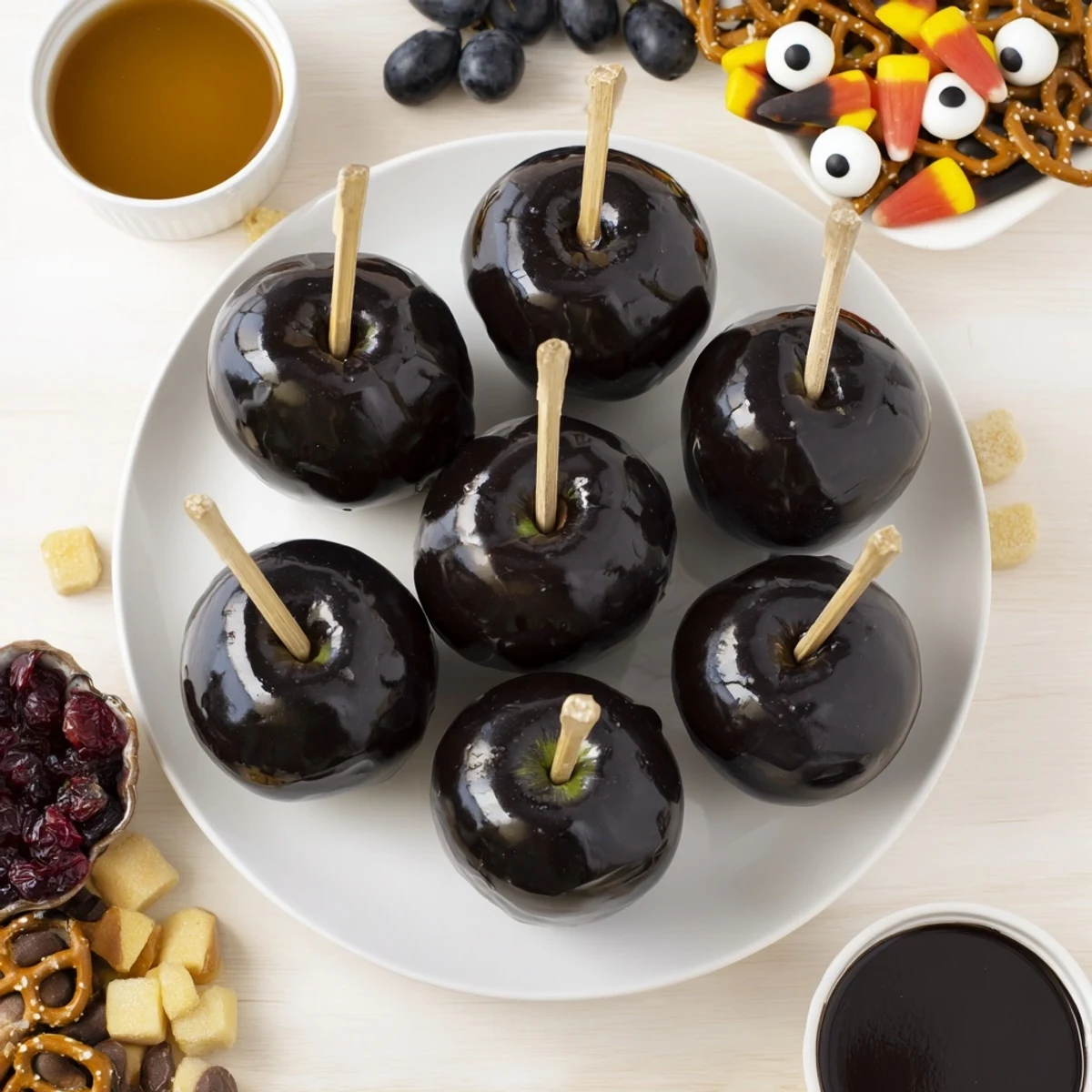 Vibrant photo shows glossy poison apples surrounded by Halloween treats, an enchanting dessert board.