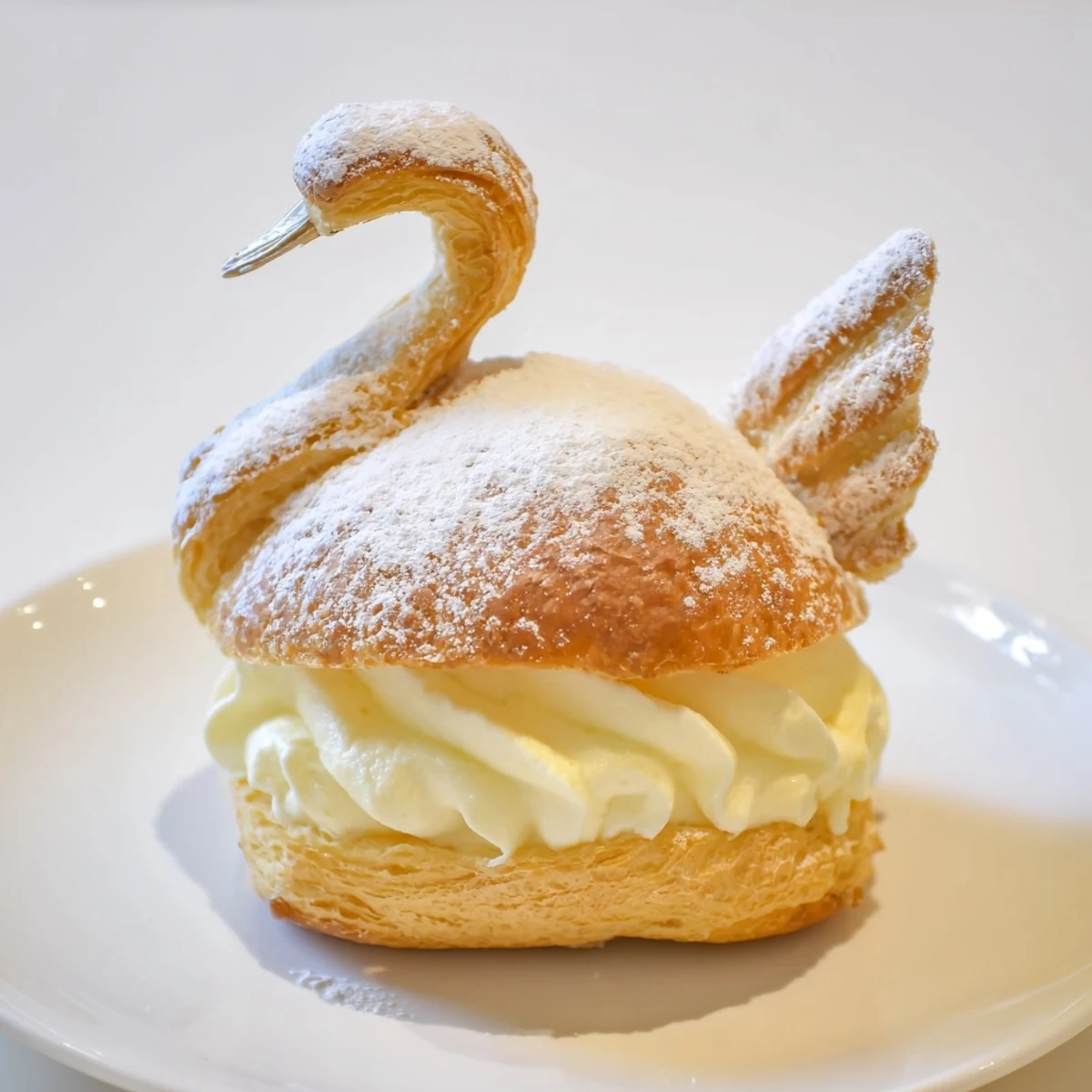 Golden, puffed Feathered Friend Swan Pastry Platter showing elegant swans, filled with creamy vanilla pastry.