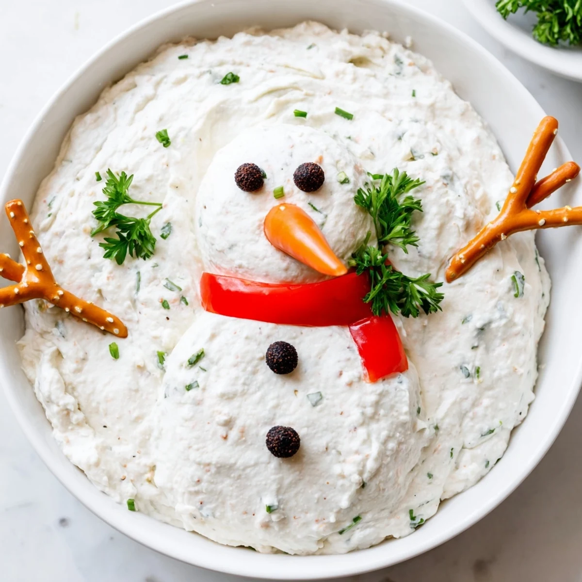 Melted Snowman Dip, a creamy appetizer, is shown melting, adorned with a carrot nose and pretzel arms.