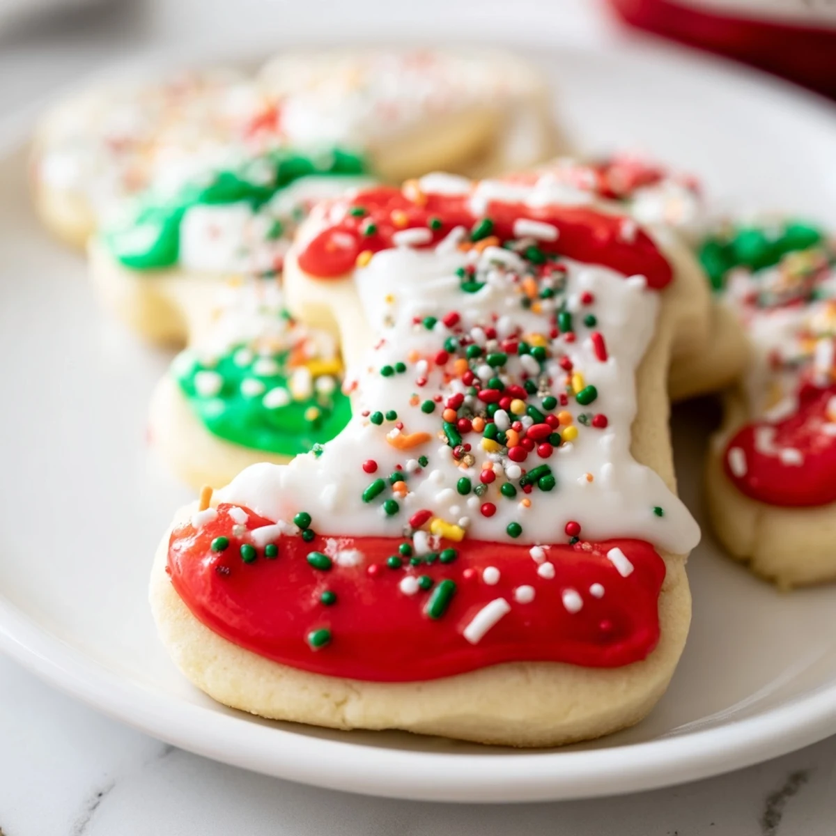 Golden, buttery Christmas Boot-Shaped Delights, iced in red and green for a joyous holiday dessert.