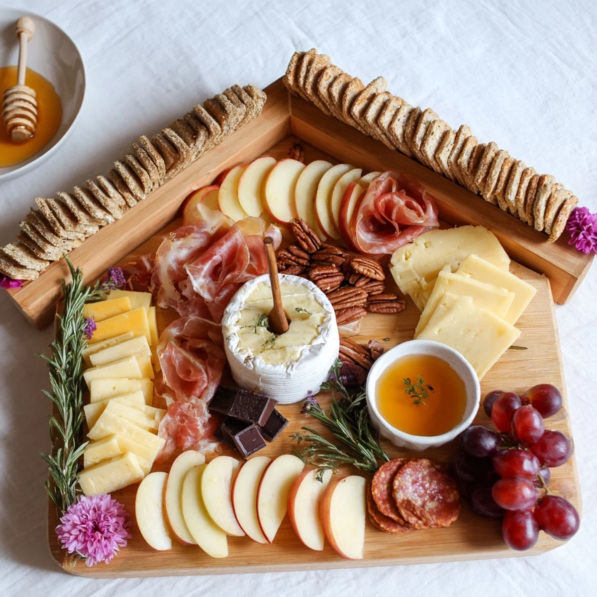 This Sweet Home Charcuterie Board features honey, chocolate, and candied pecans for a delightful treat.