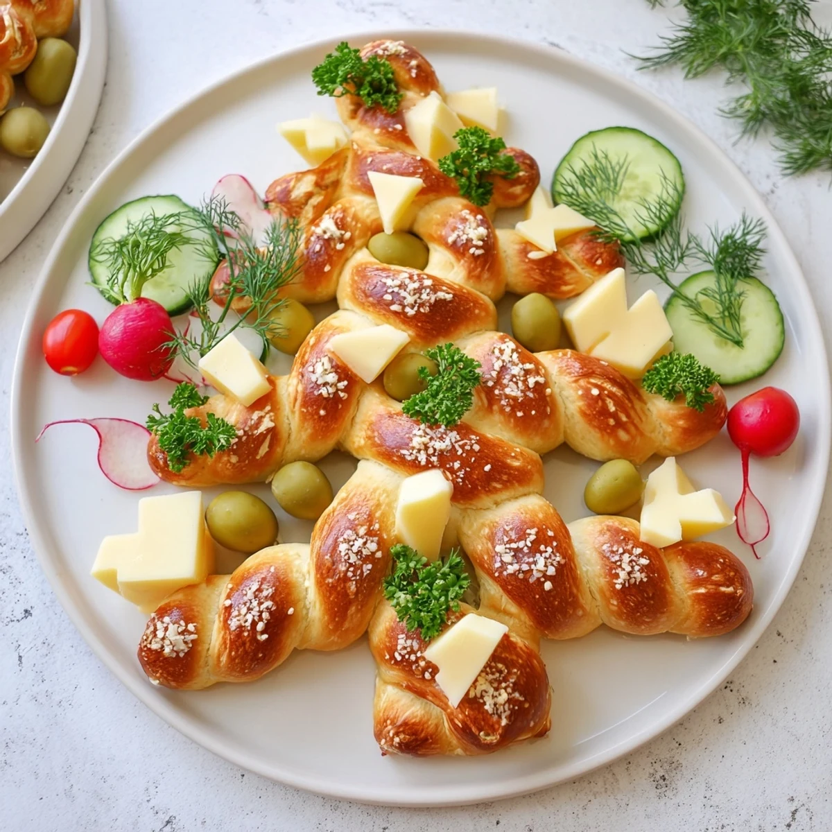 Delicious Bretzel Arbre de Vie savory platter shows golden pretzels arranged with colorful, fresh vegetable garnishes.